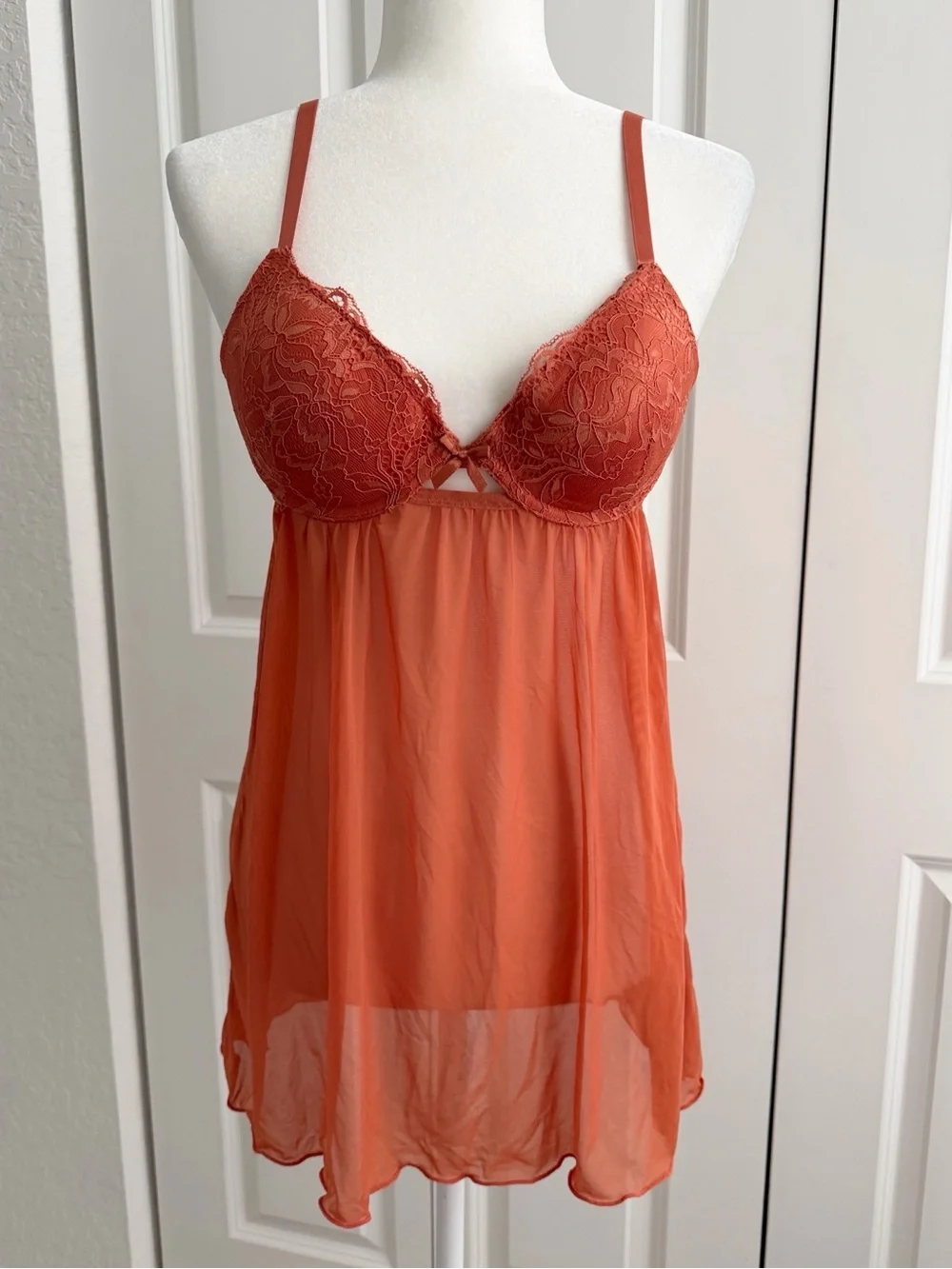 Vintage Y2K Hush Intimates Lace Mesh Babydoll Burnt Orange Top M